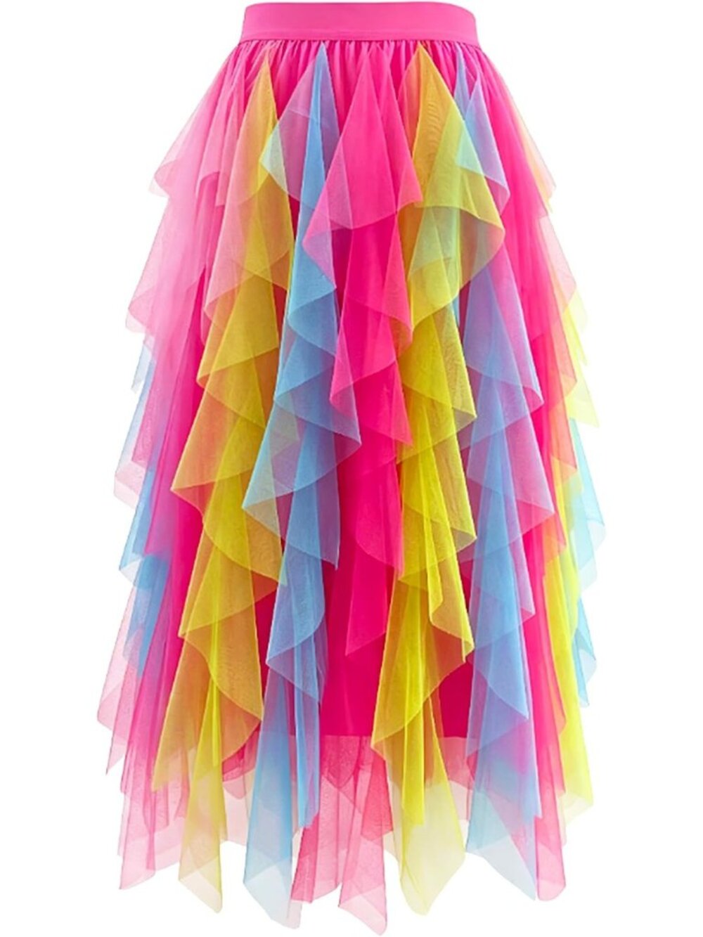 Women's Rainbow High Waist Layered Tulle Mesh Ruffle Asymmetric Midi Tutu Skirt
